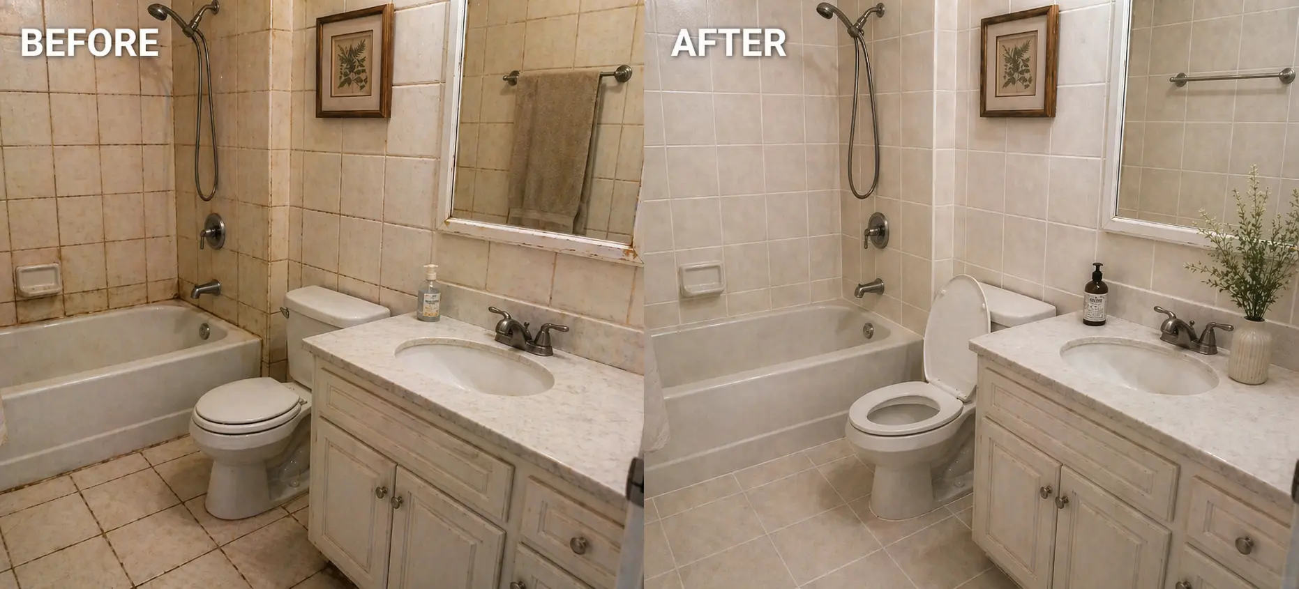 Bathroom tiles before and after regrouting showing refreshed grout lines and uniform appearance across walls and floor