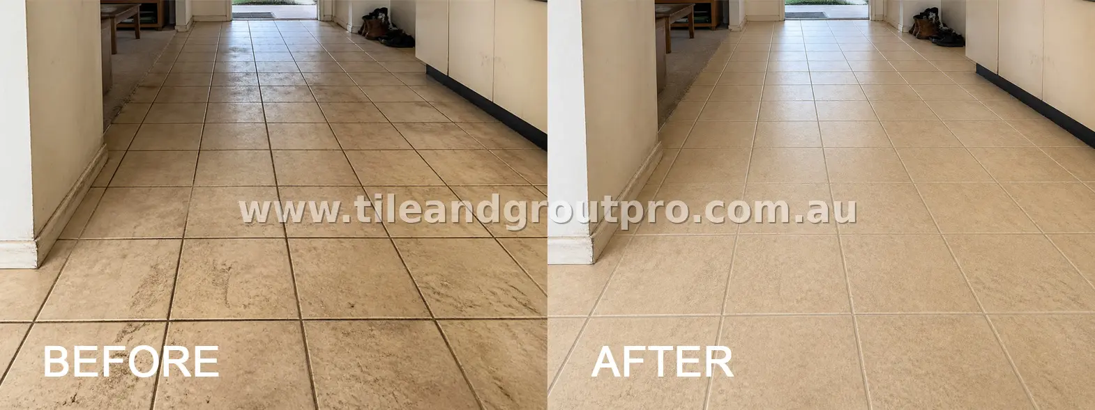 Beige porcelain floor tiles with visible dirt buildup, stains, and discoloured grout lines before tile and grout cleaning