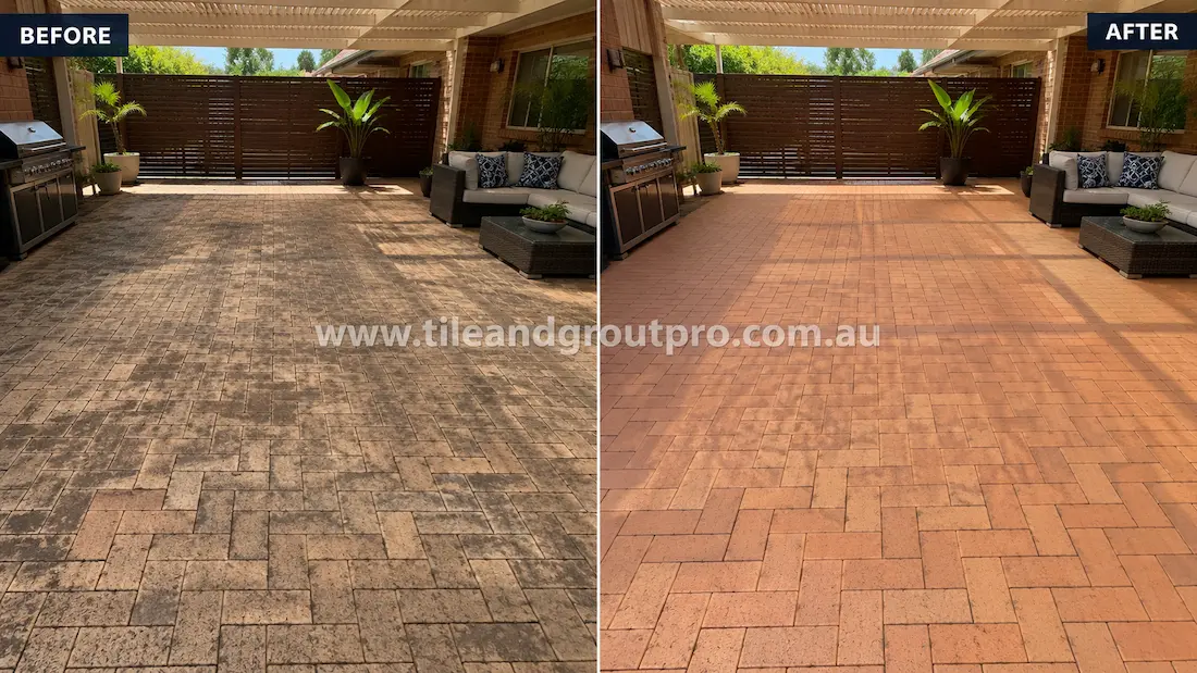 Before tile renewal, clay brick pavers on a covered outdoor patio appeared dull and weathered with dark staining, embedded dirt, and worn surface colour in an entertainment area.