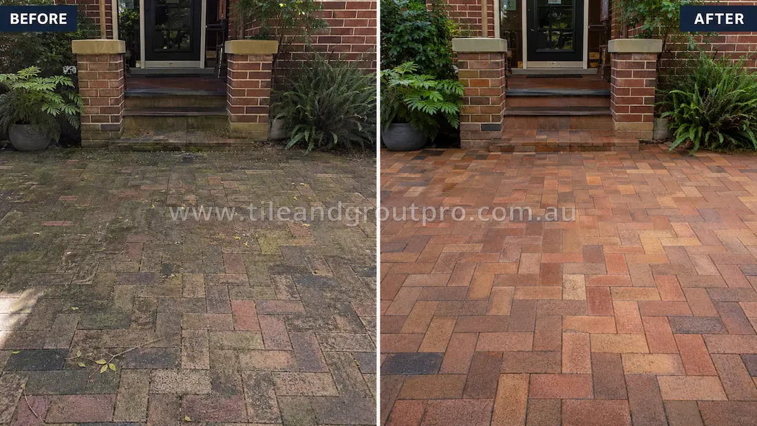 Before tile renewal, clay brick pavers leading to a residential front entrance were affected by moss, organic staining, dirt buildup, and uneven colouring from outdoor exposure.