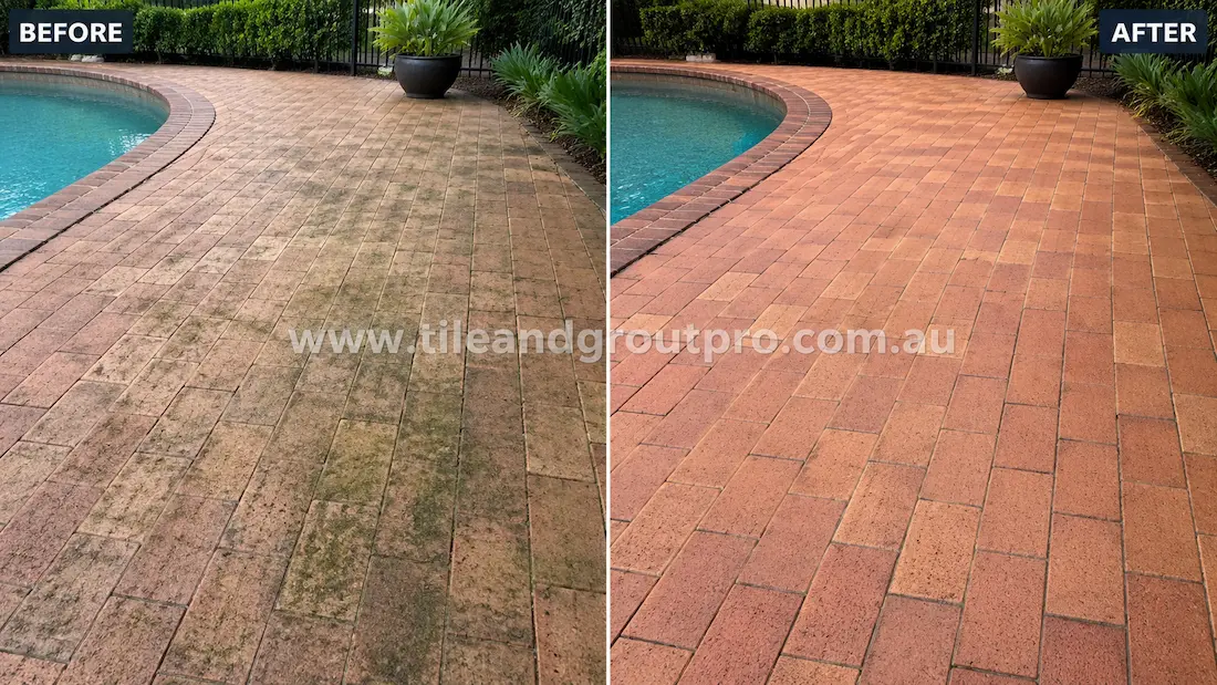 Before tile renewal, clay brick pavers around a residential swimming pool showed algae growth, weather staining, surface dirt, and faded colour in an outdoor poolside entertaining area.