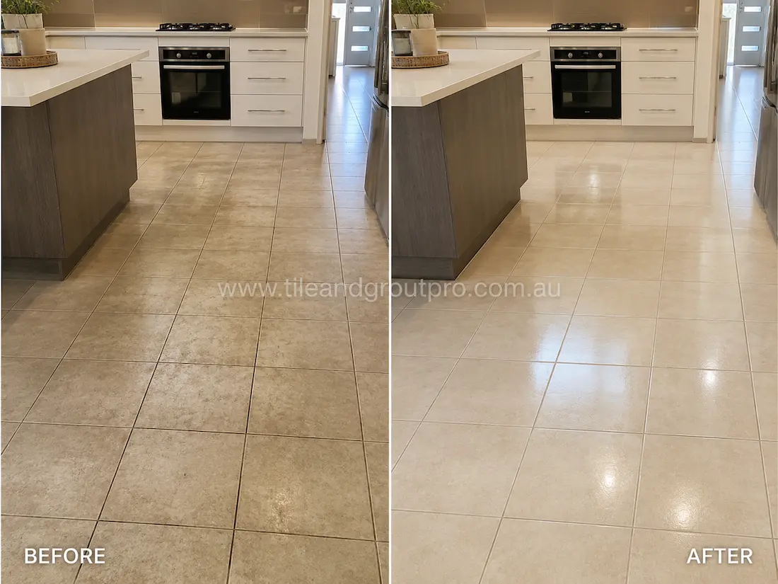 Modern kitchen with beige ceramic floor tiles before sealer stripping, showing patchy sealer residue and dull tile finish around cabinetry and kitchen island.