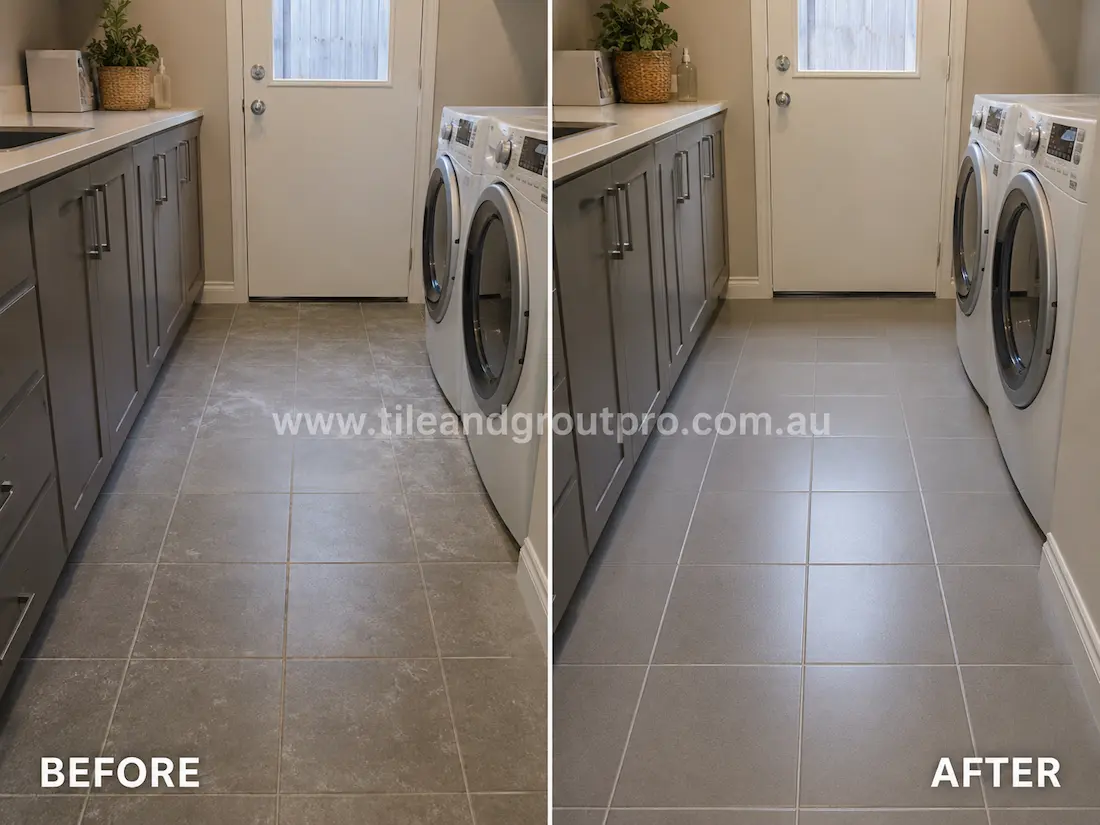 Laundry room with grey ceramic floor tiles before sealer stripping, displaying worn sealer haze and dull surface patches beside washing machines and cabinetry.