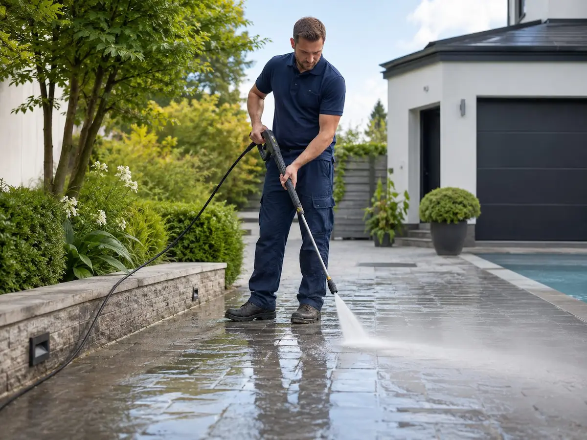 Pressure cleaning or outdoor hard-surface cleaning in daylight