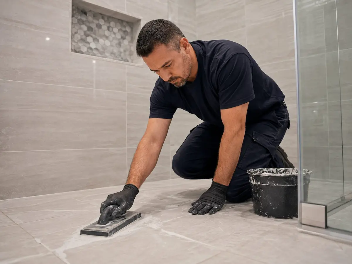 Technician cleaning or regrouting grout in a modern shower