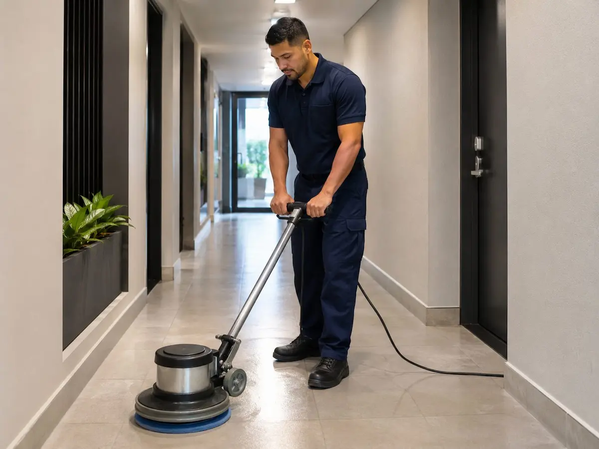 Technician cleaning a hallway floor