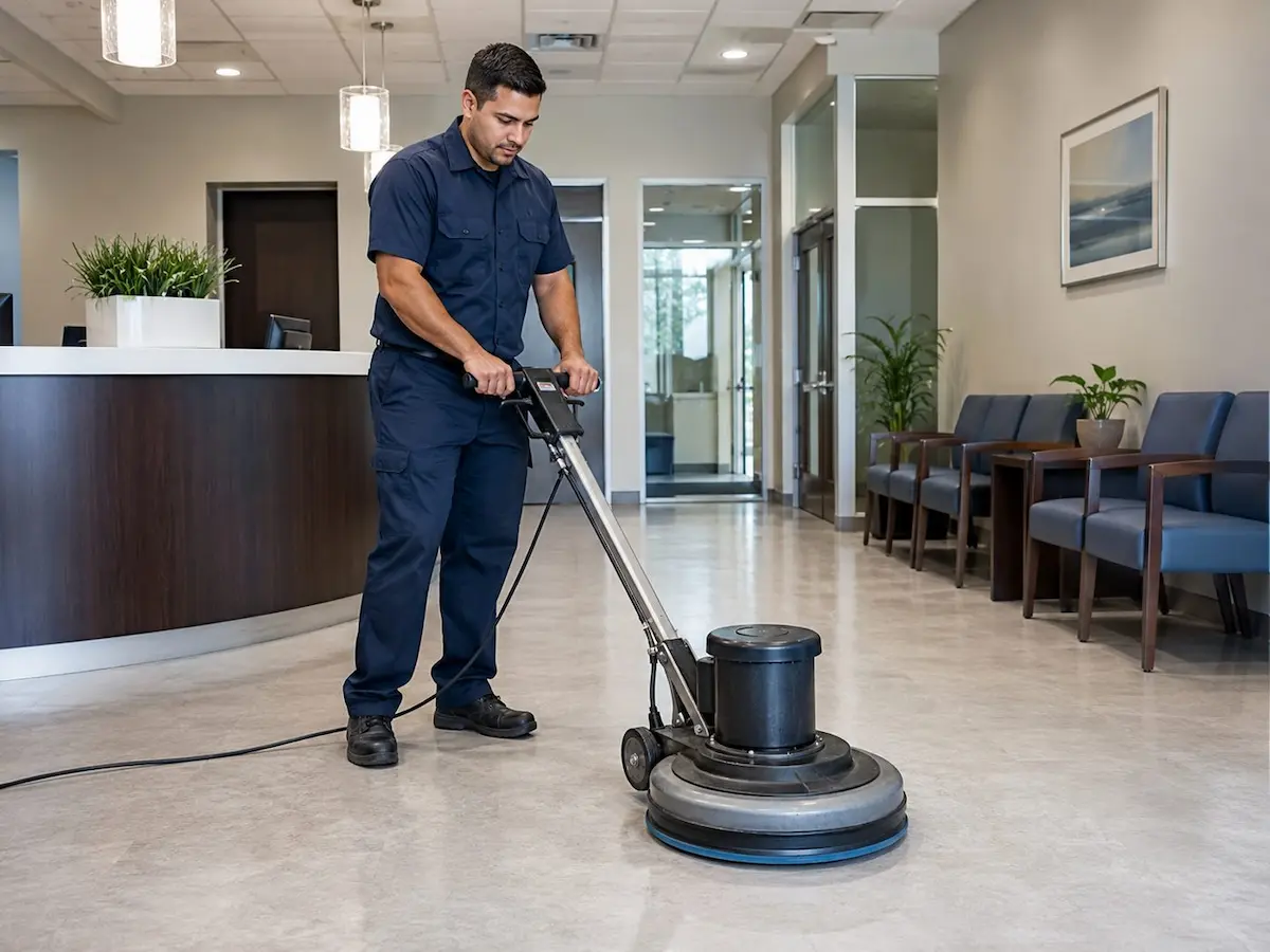 Commercial floor maintenance in a modern office lobby