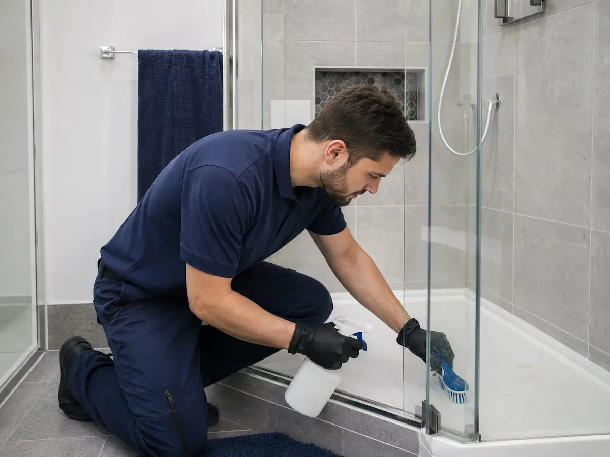 Technician cleaning a modern shower stall