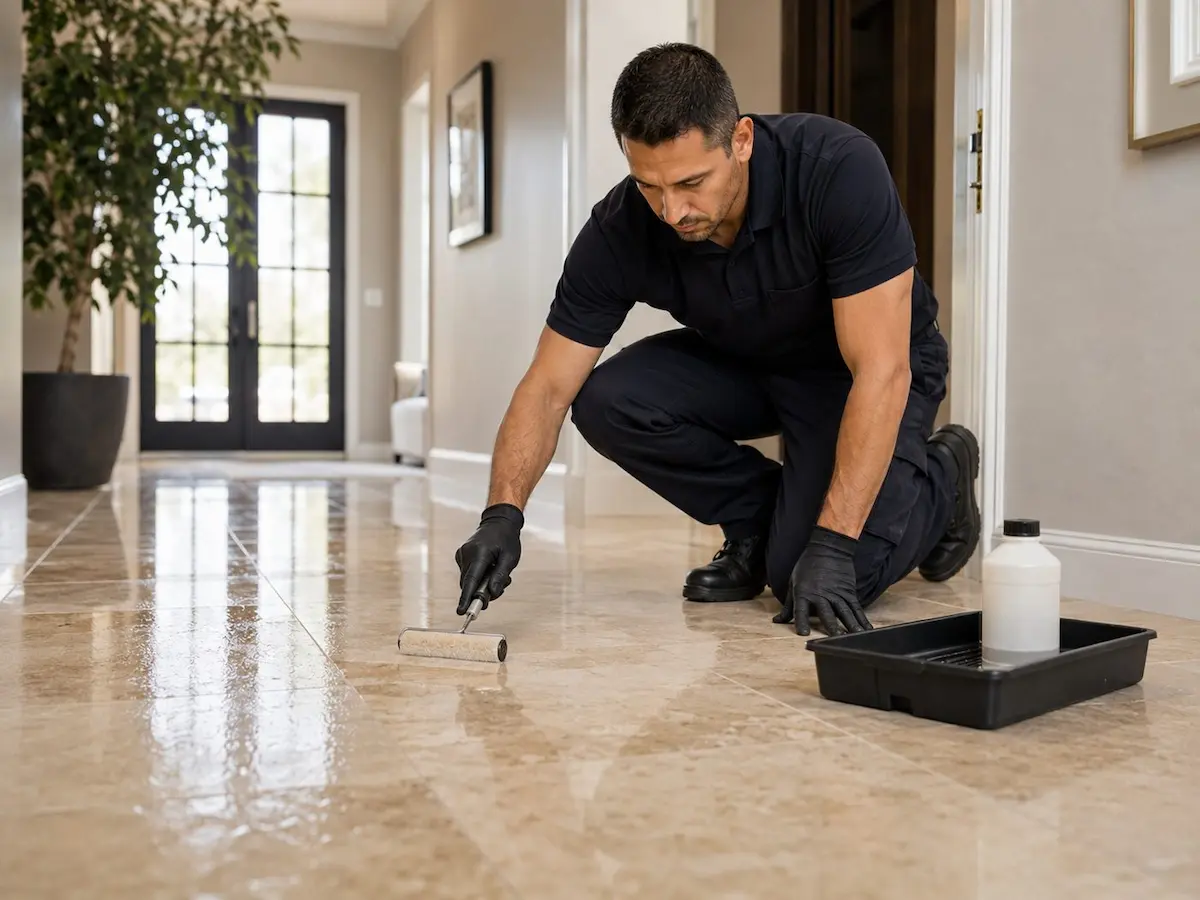 Technician cleaning a tiled entrance floor