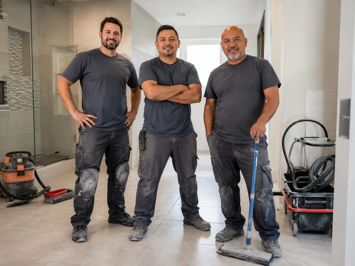 Professional crew in a modern bathroom renovation setting