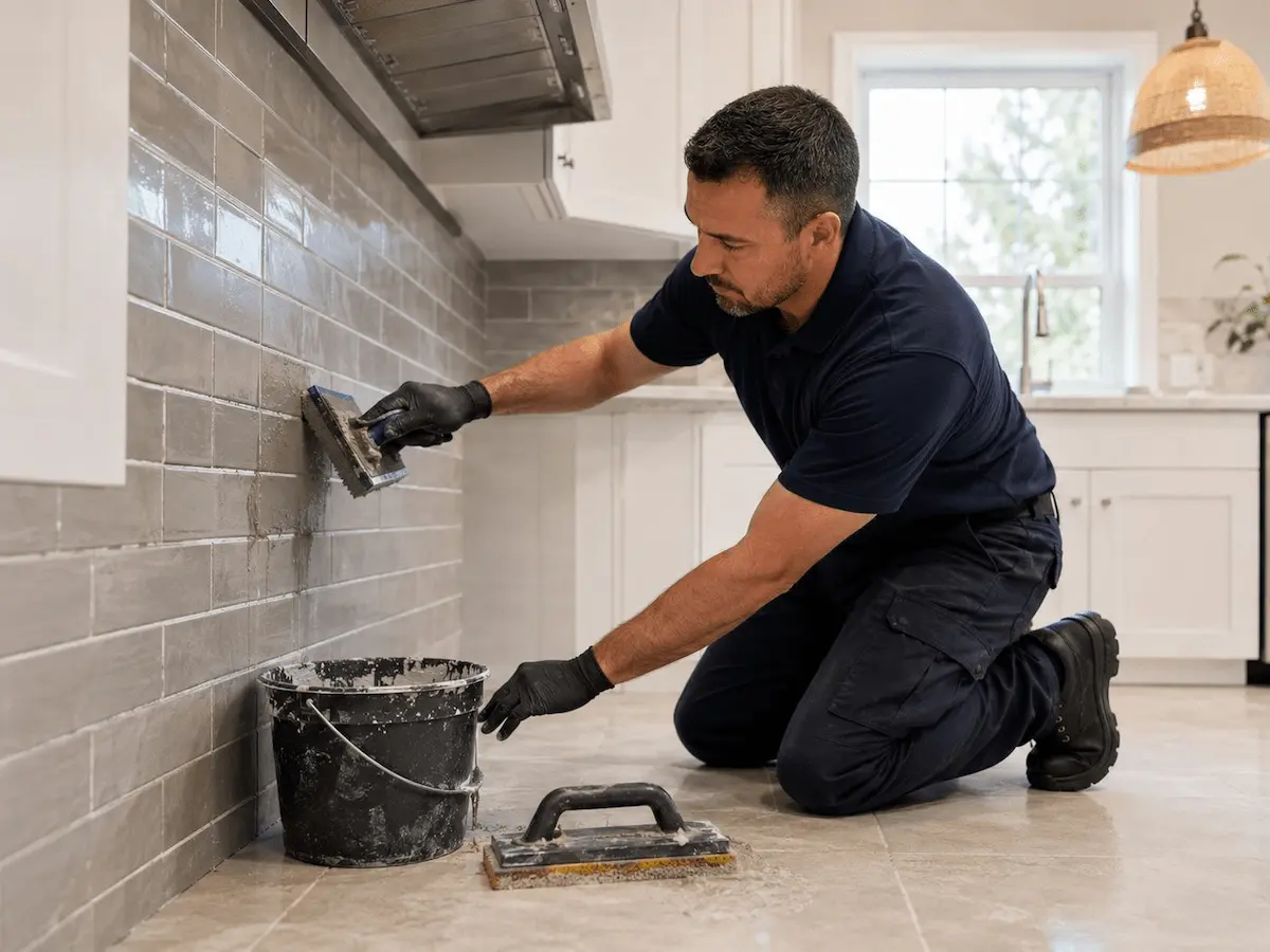 Technician installing grout in a modern kitchen