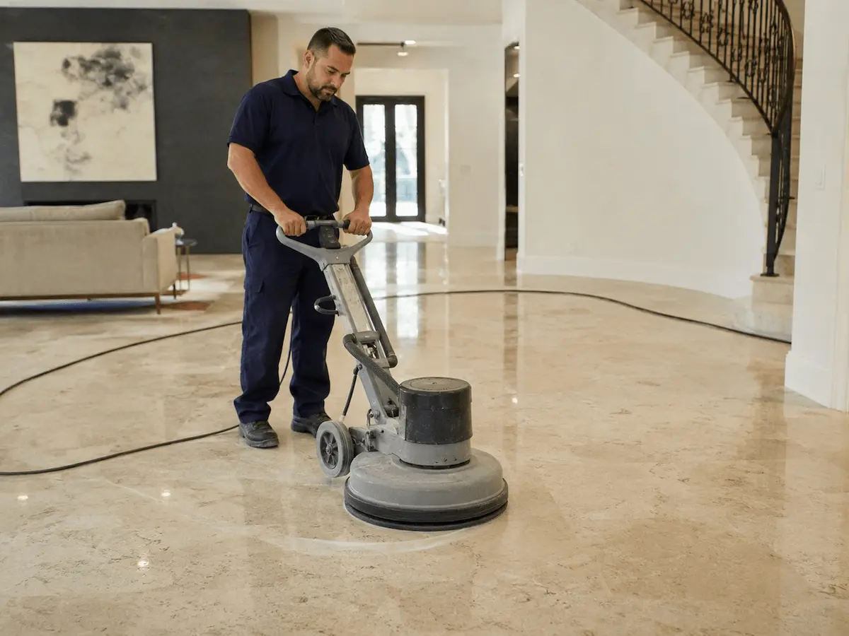 Polishing a modern lobby floor with a floor machine