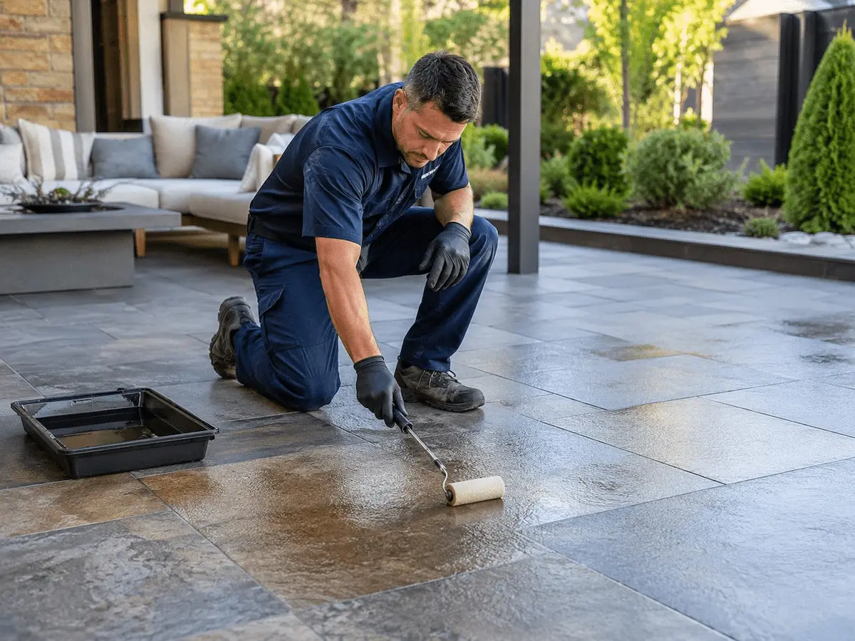 Technician sealing tiles on a modern terrace