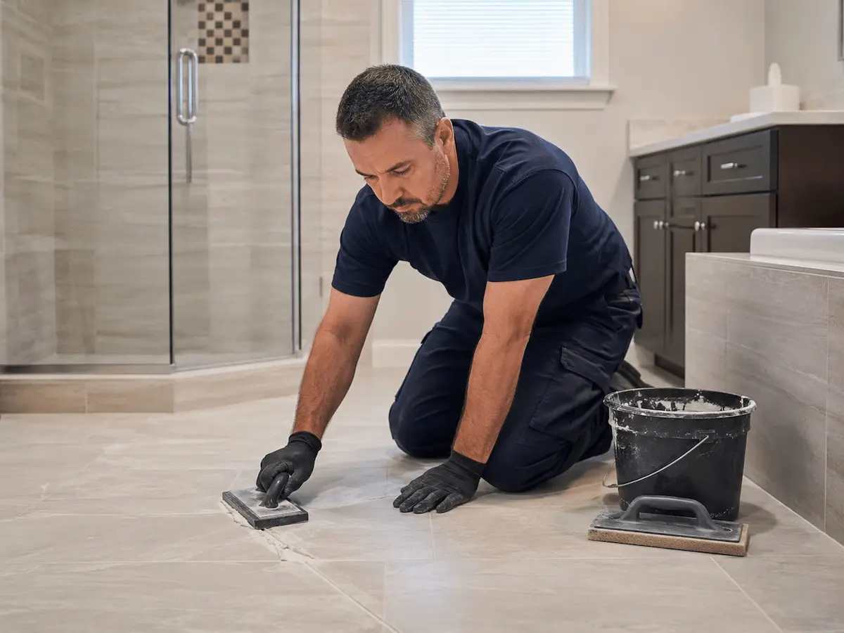 Tiler or regrouting specialist working on a modern bathroom floor