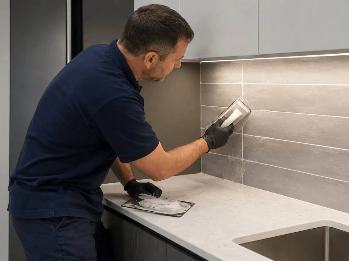 Tiler working on a modern kitchen backsplash