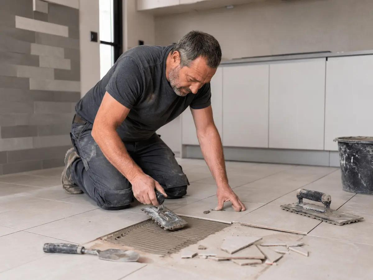 Experienced tiler carrying out tile replacement in a modern kitchen
