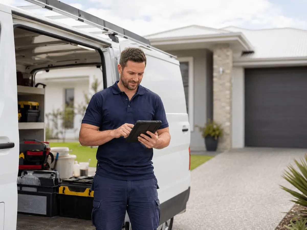 Professional contractor checking a tablet beside an open service van