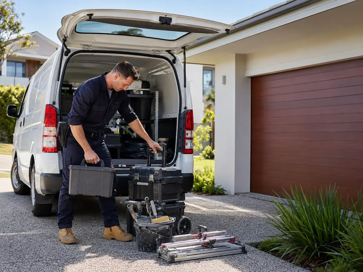 Contractor unloading tools in a suburban driveway