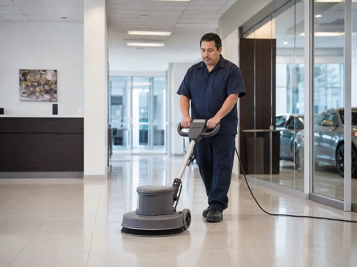 Commercial floor cleaning in progress in a modern workspace