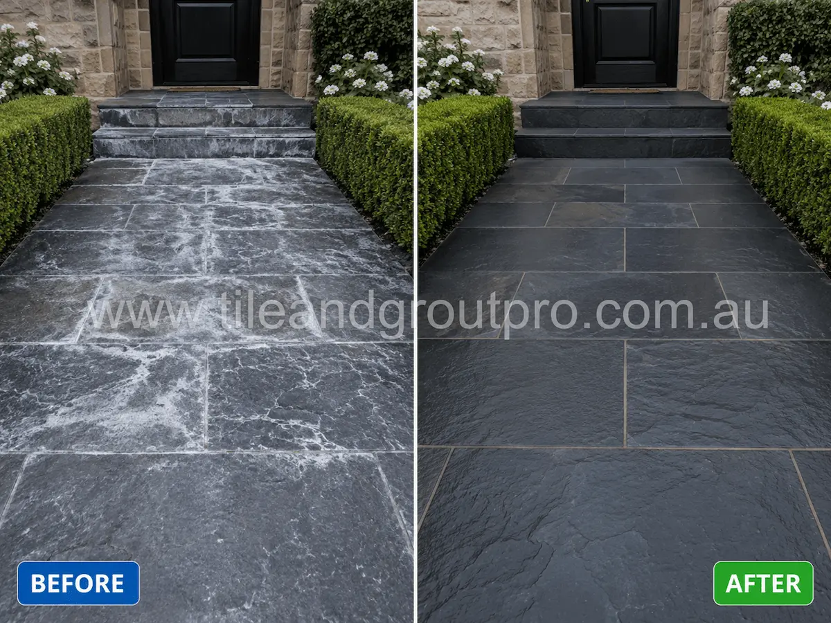 Before and after view of black slate front walkway and entry steps covered in heavy white efflorescence streaks and mineral residue professionally treated and restored.