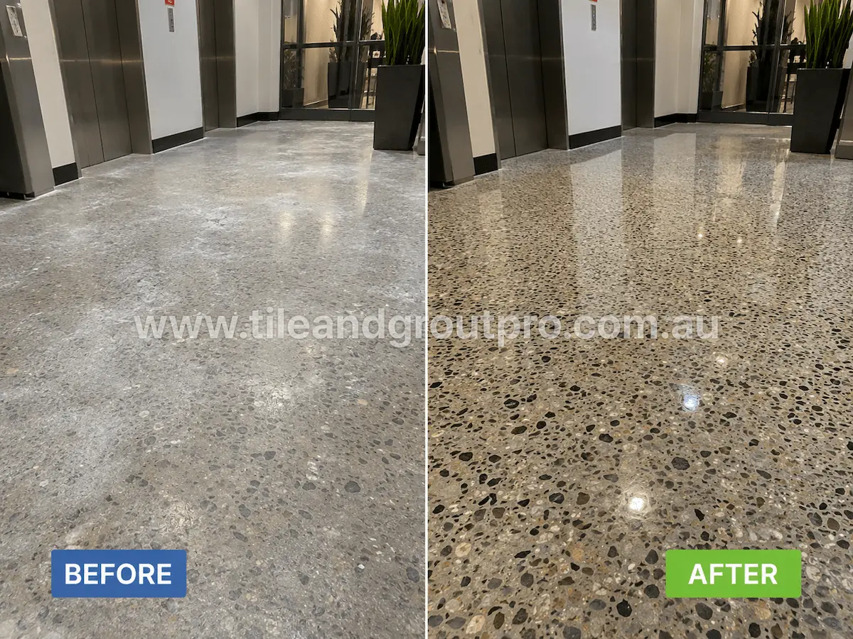 Before and after view of a commercial polished concrete floor with widespread white efflorescence residue and cloudy surface buildup removed through efflorescence treatment.