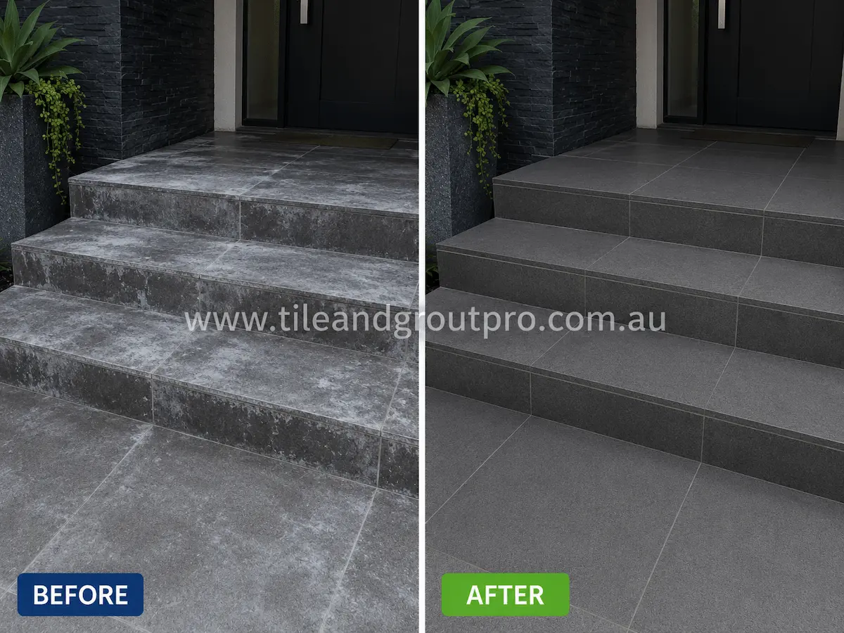 Before and after view of dark porcelain front entry steps with visible white efflorescence staining and mineral residue professionally cleaned and restored using efflorescence treatment.