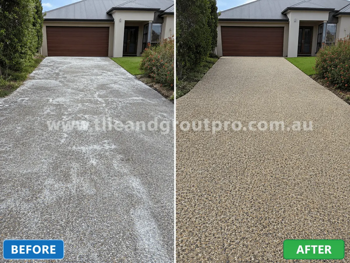 Before and after view of an exposed aggregate concrete driveway with severe white efflorescence staining and mineral residue professionally removed through efflorescence treatment.