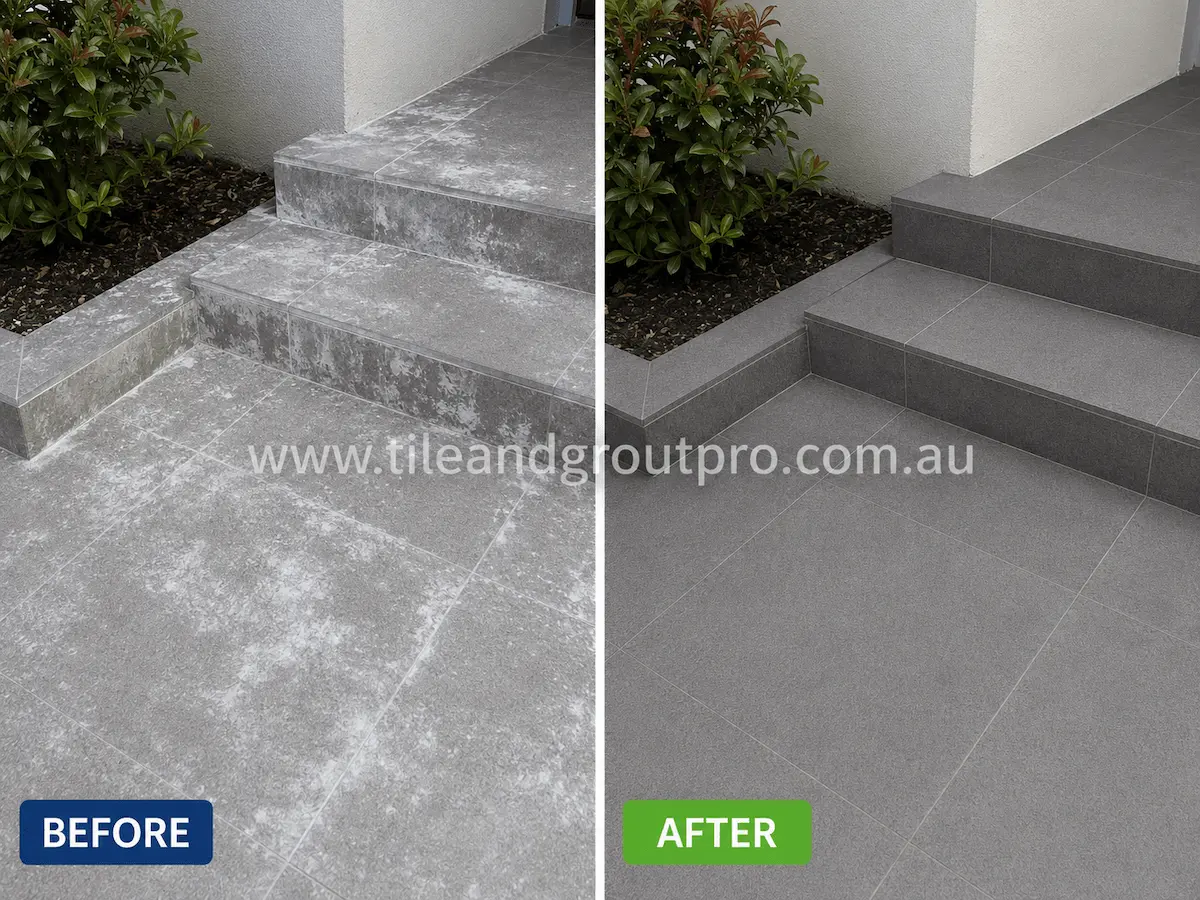 Before and after view of exterior tiled entry steps with visible white efflorescence staining and mineral buildup cleaned and restored using efflorescence treatment.