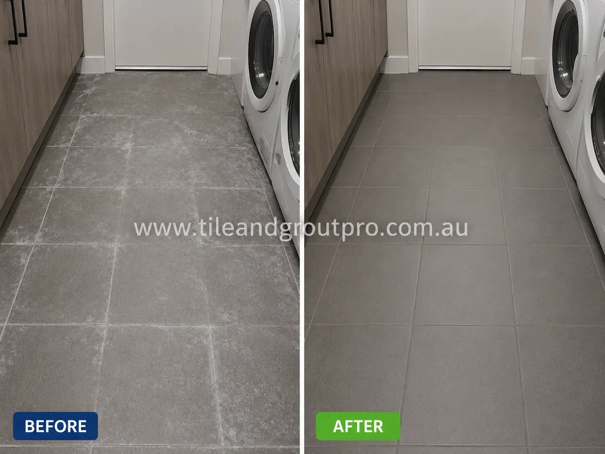Before and after view of grey porcelain laundry floor tiles with powdery white efflorescence marks and surface residue professionally treated and restored.