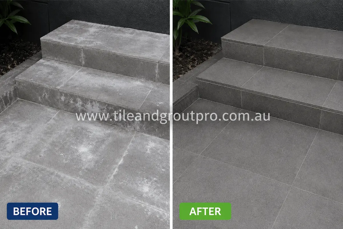 Before and after view of grey porcelain outdoor garden steps with heavy white efflorescence buildup and mineral staining restored through professional efflorescence treatment.