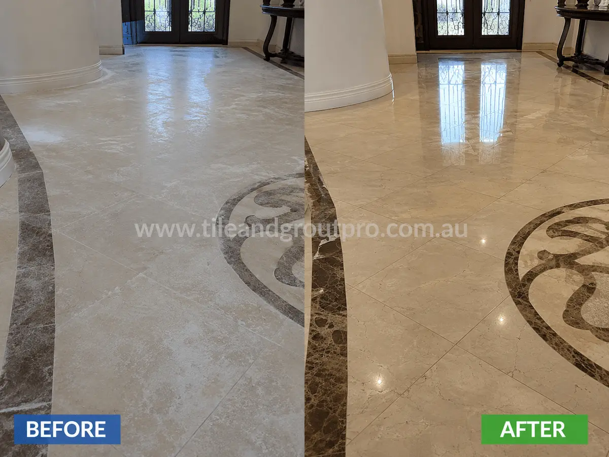 Before and after view of polished marble foyer floor tiles with dull white efflorescence haze and faded shine restored through professional efflorescence treatment.