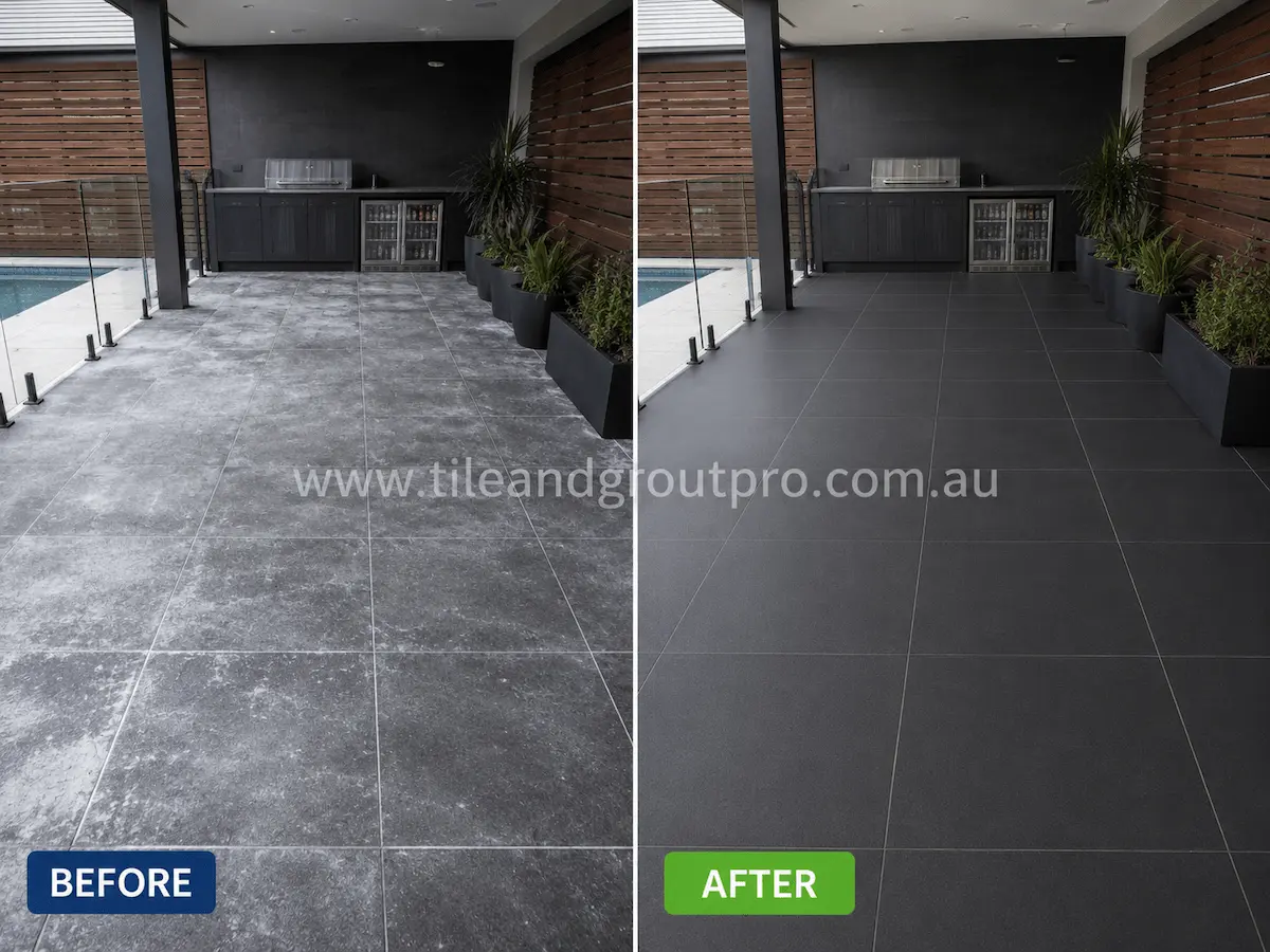 Before and after view of outdoor porcelain patio tiles near a pool and entertainment area with heavy white efflorescence residue and surface haze removed through professional efflorescence treatment.
