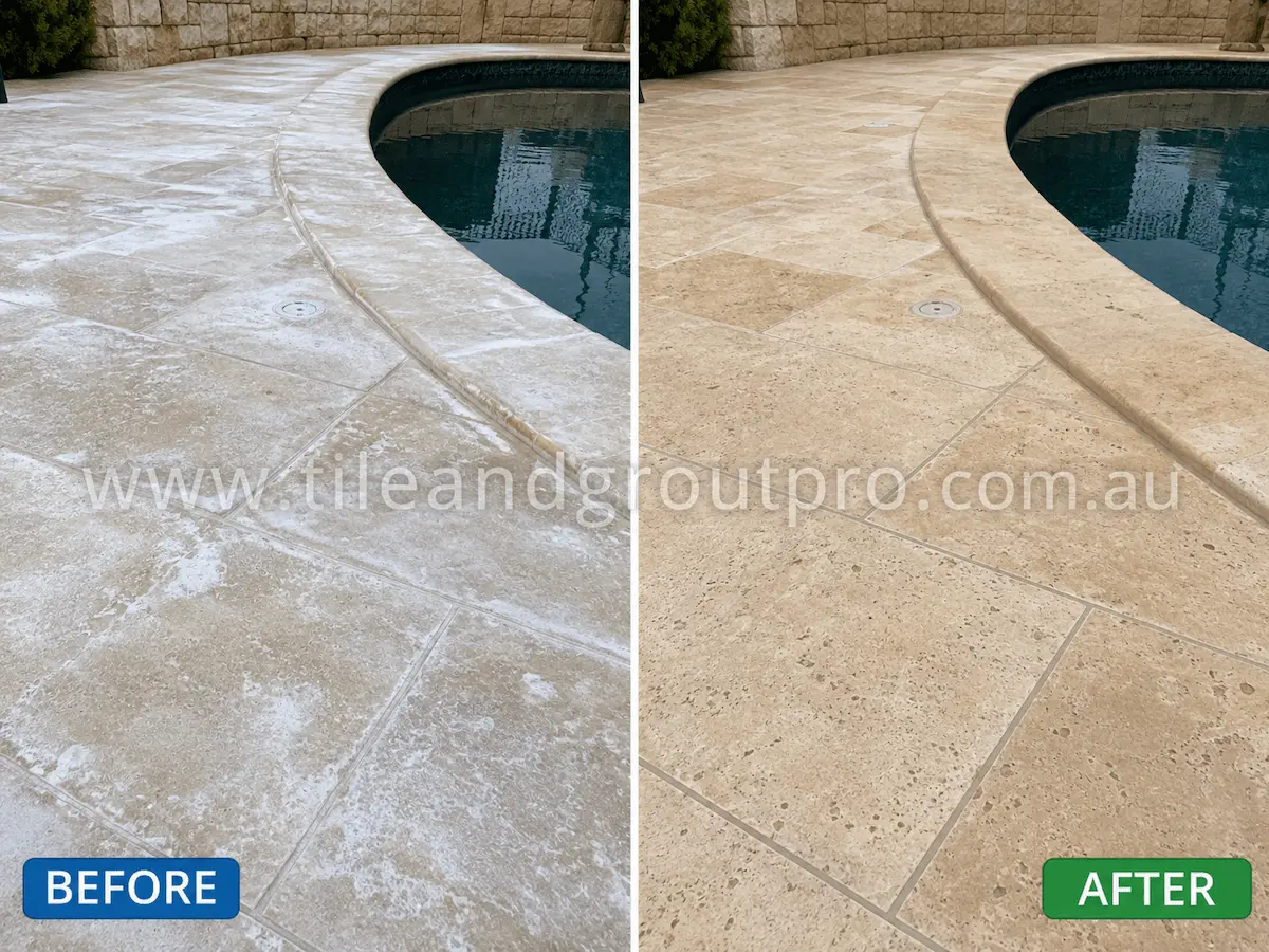 Before and after view of outdoor travertine pool coping and patio tiles with heavy white efflorescence buildup and mineral staining professionally removed through efflorescence treatment.