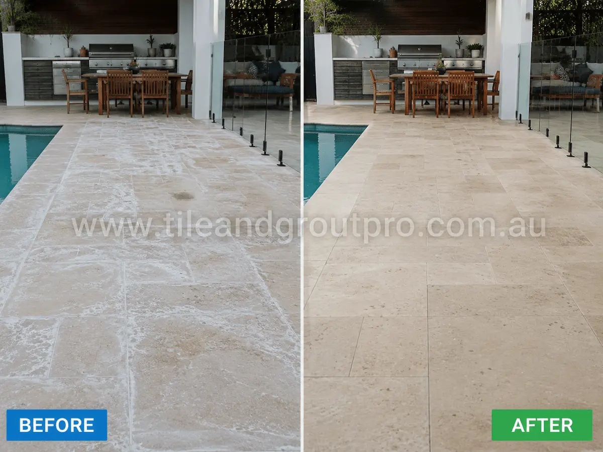 Before and after view of outdoor travertine poolside patio tiles with heavy white efflorescence haze and surface buildup cleaned and restored using professional efflorescence treatment.