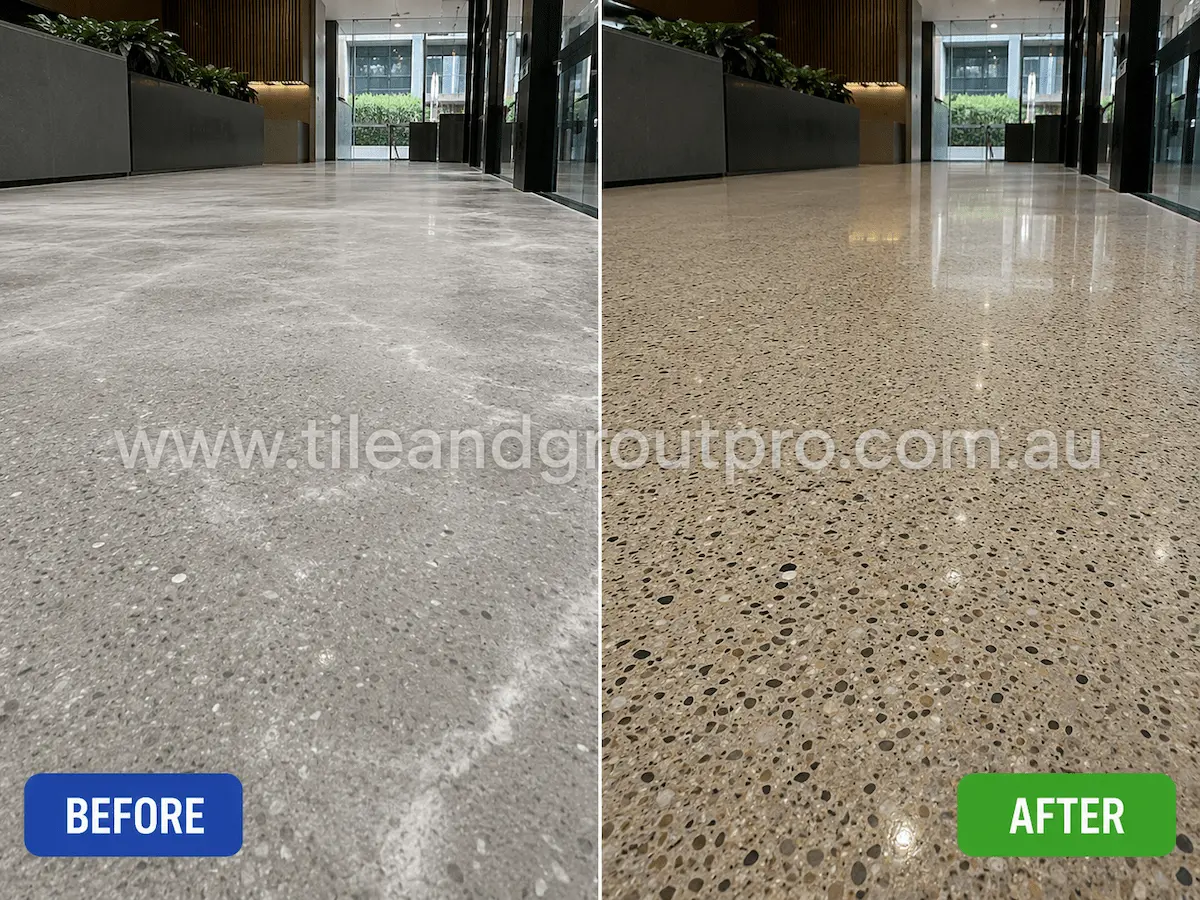 Before and after view of a polished exposed aggregate commercial floor with visible white efflorescence haze and cloudy concrete surface restored through professional efflorescence treatment.
