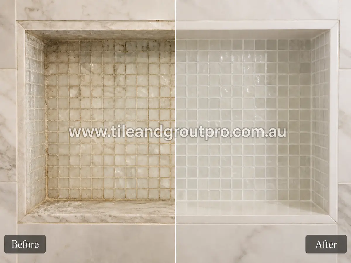 Before and after view of white glass mosaic shower niche tiles affected by soap scum, grout discoloration, and mineral residue cleaned with professional glass tiles cleaning.