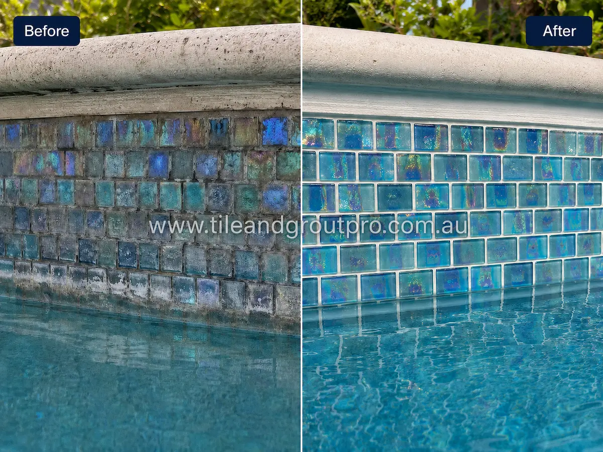 Before and after view of iridescent pool glass mosaic waterline tiles with visible calcium buildup, grime, and cloudy residue professionally restored through glass tiles cleaning.