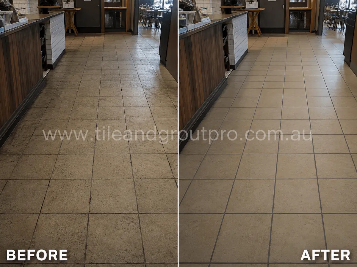 Before and after view of commercial kitchen ceramic floor tiles with discolored grout and grease buildup restored using professional grout color sealing.