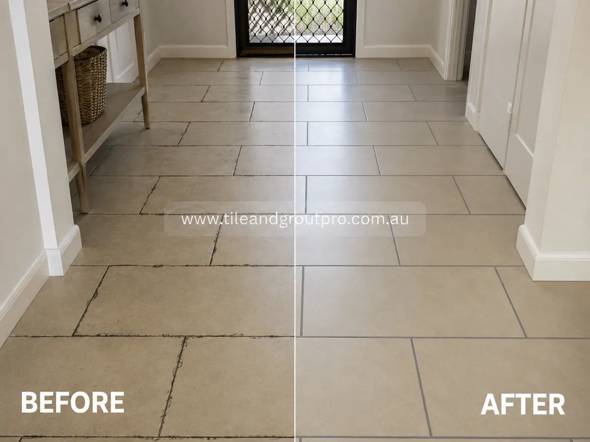 Before and after view of hallway porcelain floor tiles with dark, uneven grout lines refreshed through professional grout color sealing.