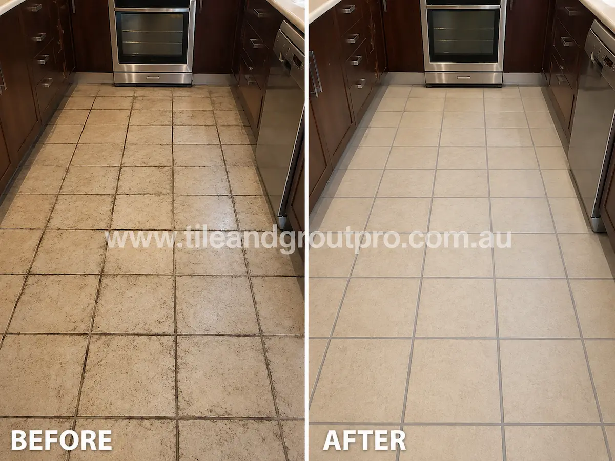 Before and after view of white subway kitchen backsplash tiles with stained grout lines and grease buildup restored using grout color sealing.