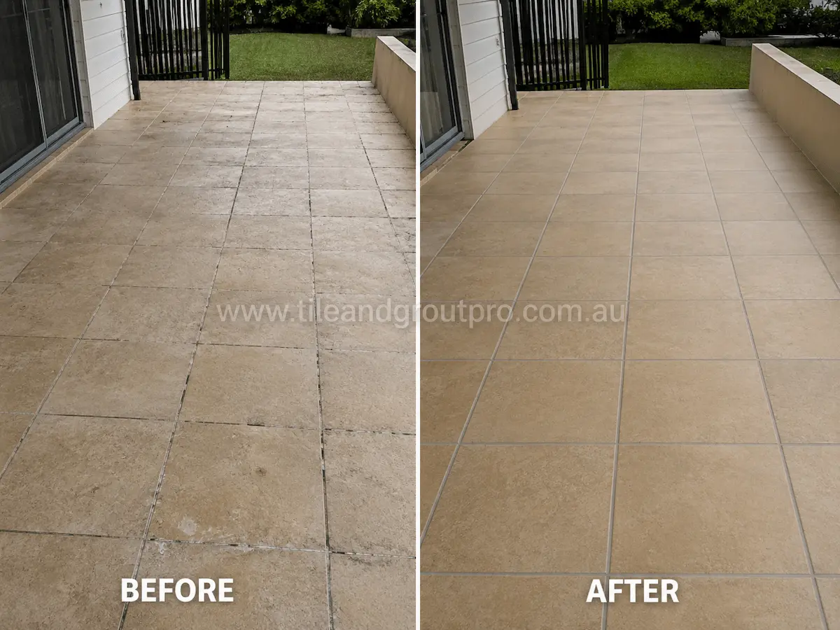 Before and after view of outdoor travertine patio tiles with weathered grout lines and surface staining refreshed through grout color sealing service.
