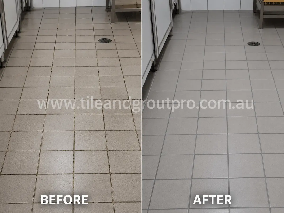 Before and after view of restaurant ceramic floor tiles with darkened grout lines and heavy foot traffic wear restored using grout color sealing.