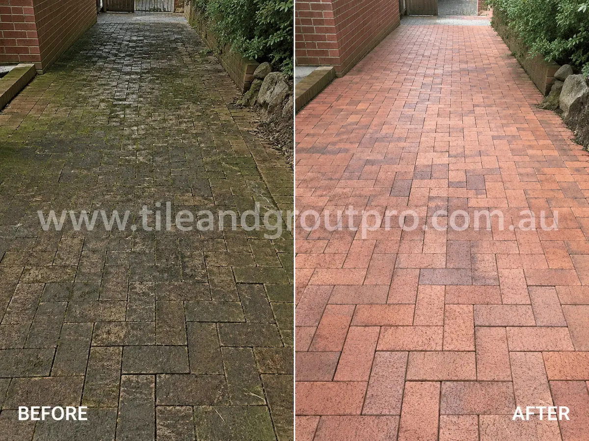 Before and after view of brick driveway pavers affected by moss, dirt, and organic staining restored with high-pressure cleaning.