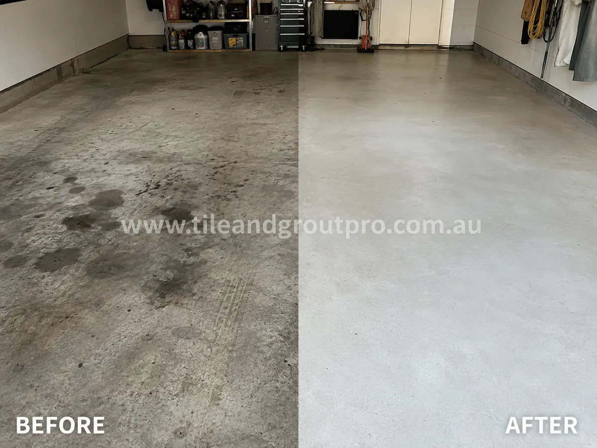 Before and after view of a residential garage concrete floor with oil stains, tyre marks, dirt buildup, and surface discoloration restored through high-pressure cleaning.