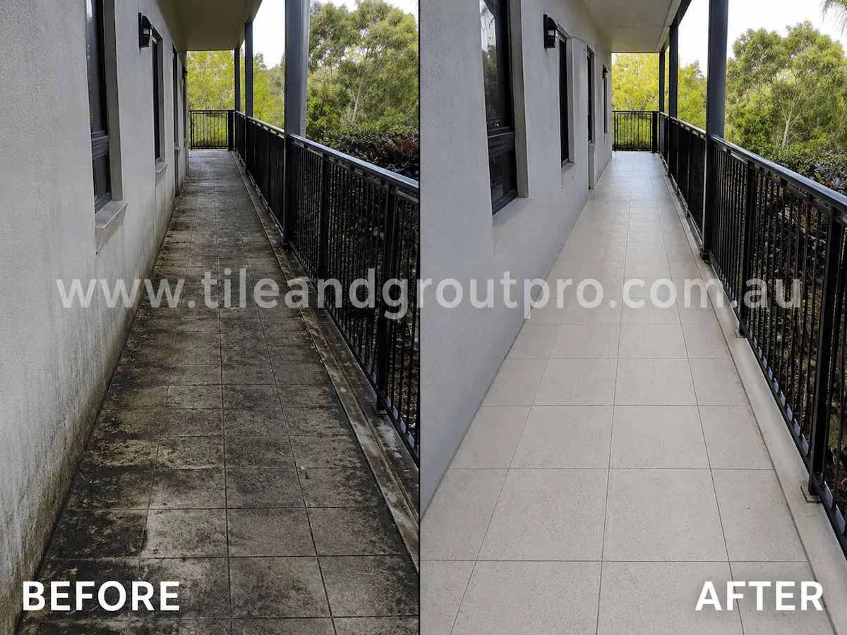 Before and after view of outdoor balcony walkway tiles with mould, dirt, and weather staining restored to a clean finish using high-pressure cleaning.