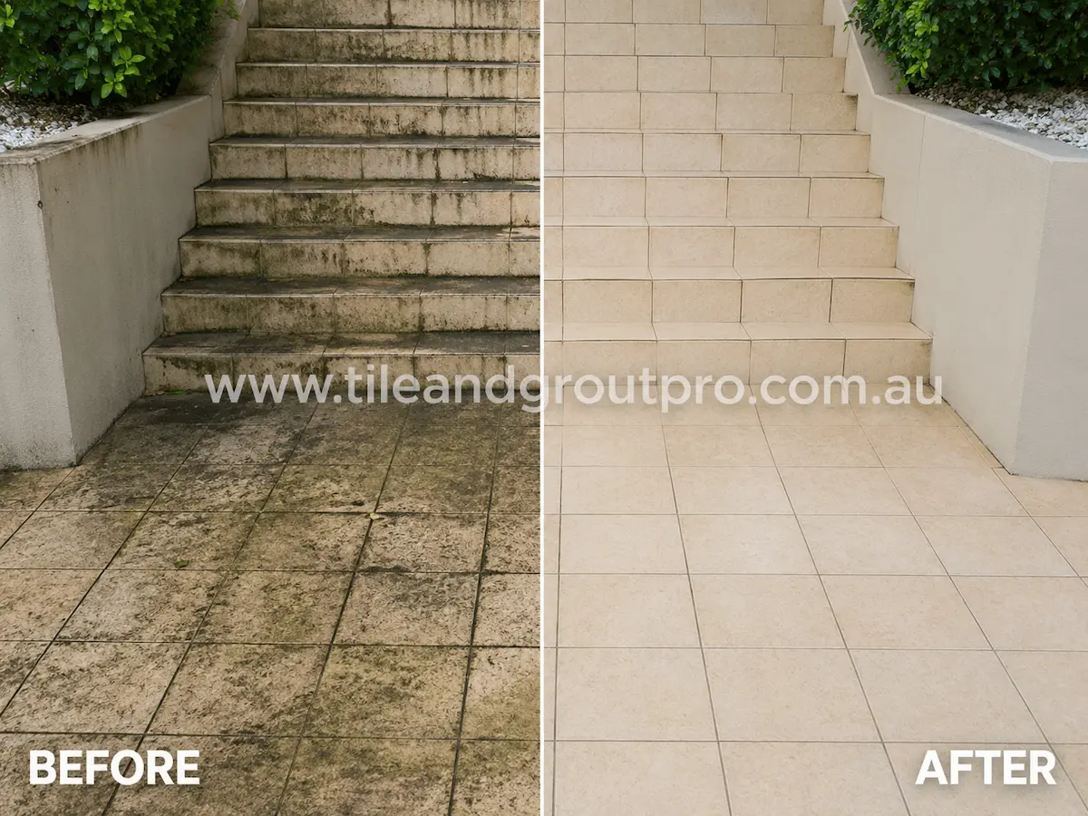 Before and after view of outdoor ceramic tiled stairs covered in black mould, grime, and algae buildup cleaned with professional high-pressure cleaning.