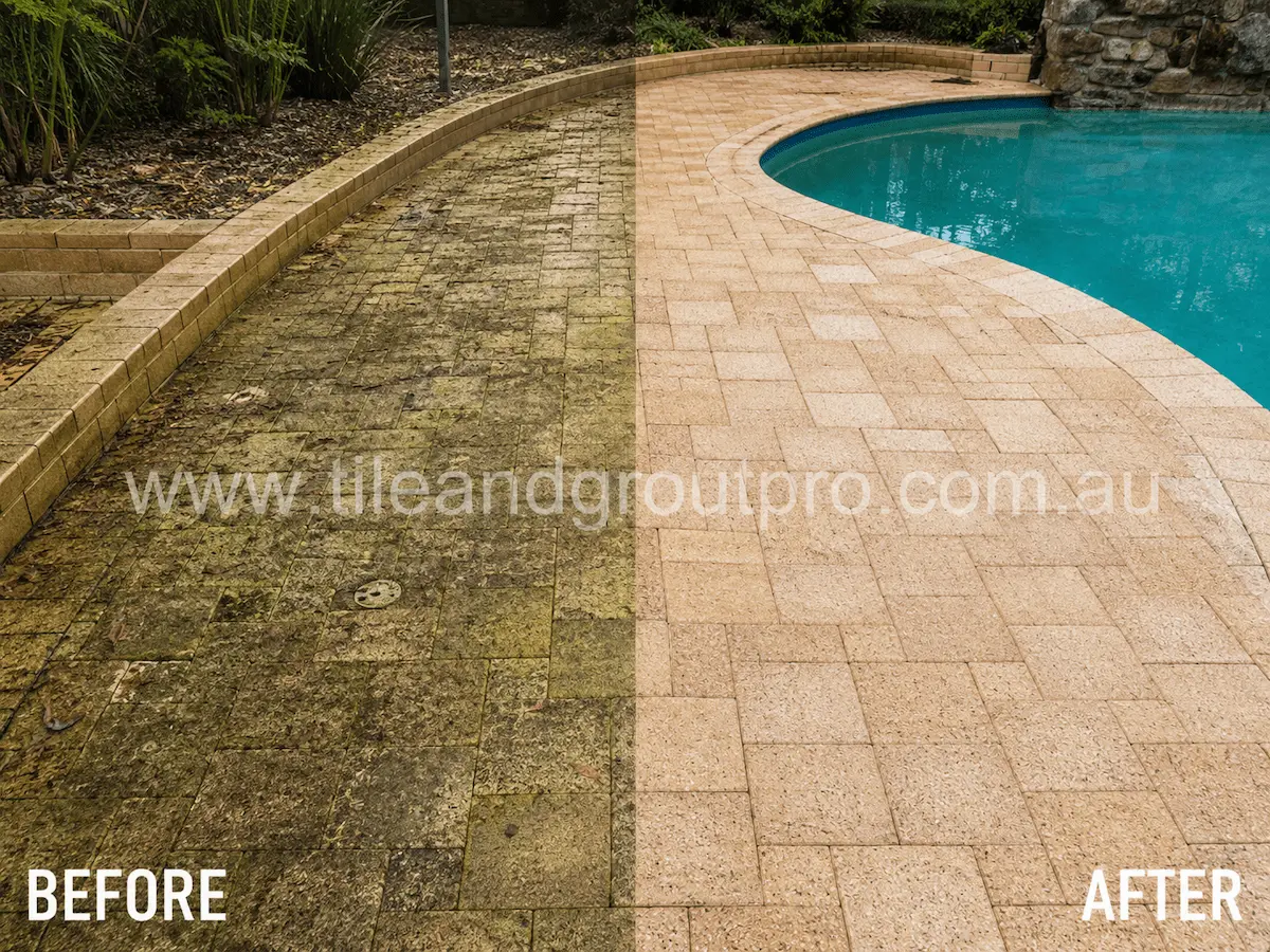 Before and after view of poolside brick pavers covered in moss, algae, leaf stains, and grime cleaned using high-pressure cleaning.