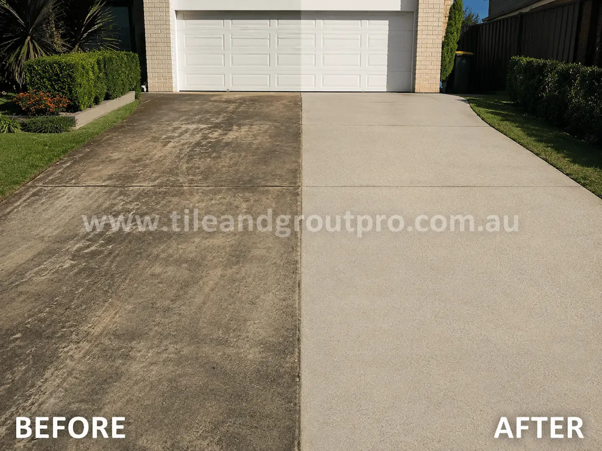 Before and after view of a residential concrete driveway with heavy dirt buildup, tyre marks, and surface staining restored through professional high-pressure cleaning.
