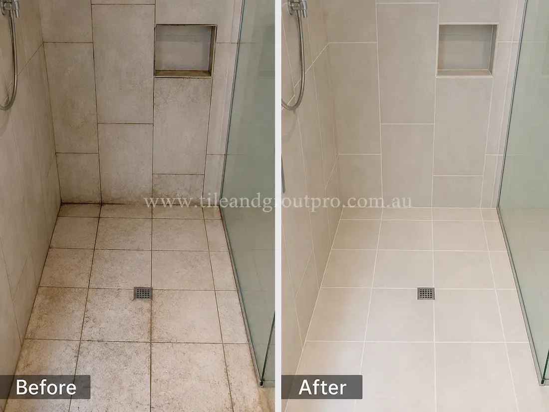 Before tile renewal, the bathroom porcelain shower tiles had soap scum, discoloured grout, and visible moisture staining inside a modern shower enclosure.