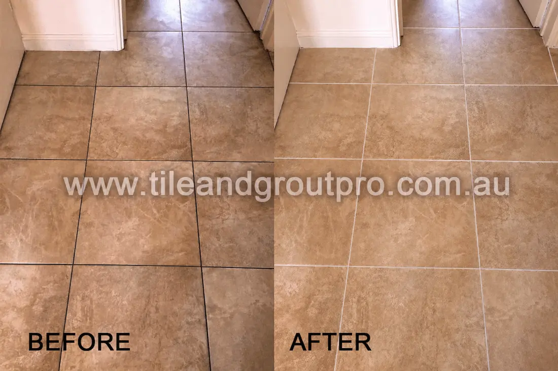 Indoor floor tile regrouting before and after showing refreshed grout lines and cleaner tiles